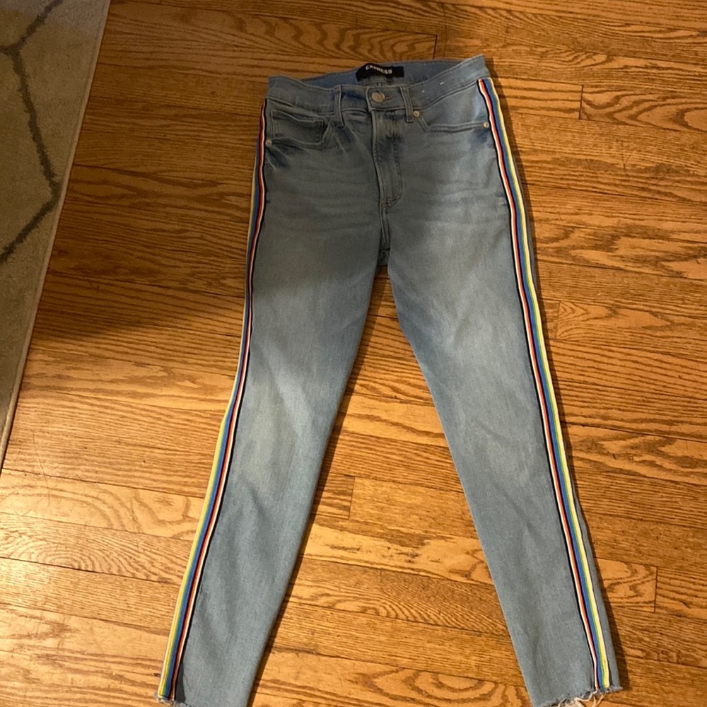 Rainbow strip light wash skinny jeans